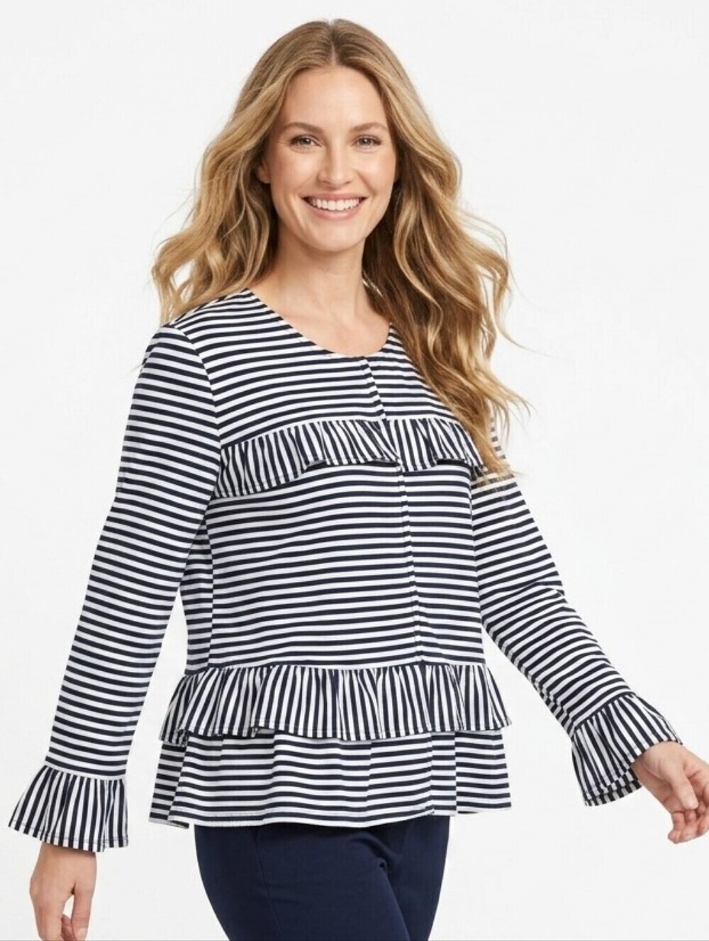 Loft Outlet Blazer Jacket Size XL Striped Hook & Eye Ruffles Linen Cotton New